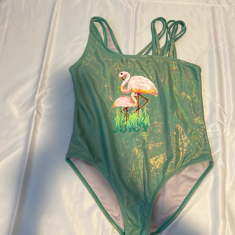 Juicy couture girls shiny green flamingo swim size 14